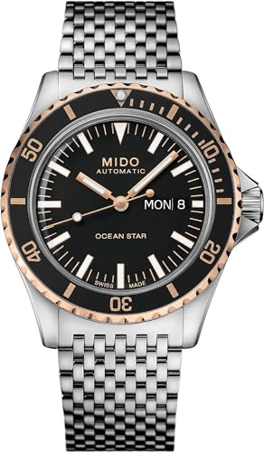 MIDO Ocean Star Tribute – Schweizer Automatikuhr für Herren – schwarzes Zifferblatt – 40,5 mm Edelstahlgehäuse – Schwarze Lünette mit roségoldener PVD-Beschichtung – Edelstahlarmband – M0268302105100