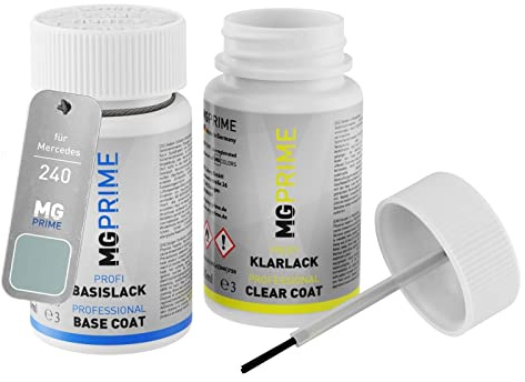 MG PRIME Autolack Lackstift für Mercedes 240 Lotosblau Metallic + Klarlack | Bleu Lotus Metallic, Set aus Basislack + Klarlack, Lackfläschchen mit Pinsel, je 50ml