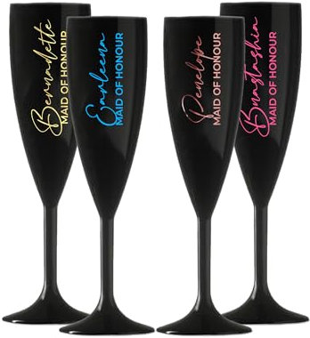 Personalised Champagne Premium Flute Glass Bride Groom Mr Mrs Wedding Maid Honour Any Name Wine Cocktail Prosecco Gift (Black, Maid of Honour)
