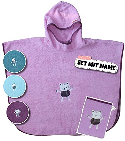 Stickling Set Kinder Poncho + Waschlappen personalisiert | 100% Baumwolle | personalisiert mit Namen | Baby Kapuze Bademantel Kinder | Badeponcho | Kinder Badetuch | bis 7 Jahre (Katze Rosa)