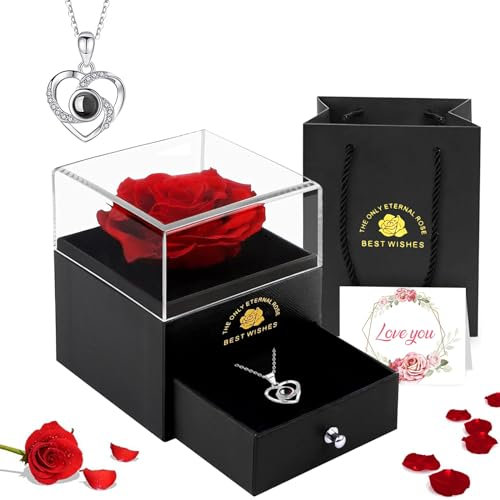 EGEKTBH Gifts for Mum, Preserved Eternal Rose Gift Box with Love You Necklace, Artificial Rose Gifts for Mum Her for Birthday, Anniversary, Valentines Day, Xmas