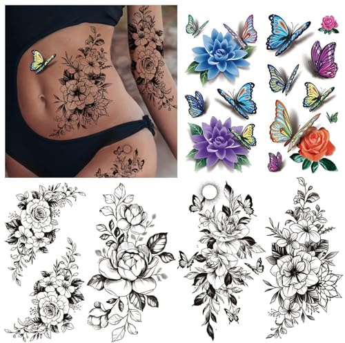 Fake Tattoos, Temporäre Tattoos 3D Rose Tattoo,Schmetterling Blume Tattoo | Arm Tattoo Erwachsene, Klebetattoos Erwachsene, Tatoos Aufkleben Damen Frauen, Tattoo Aufkleben