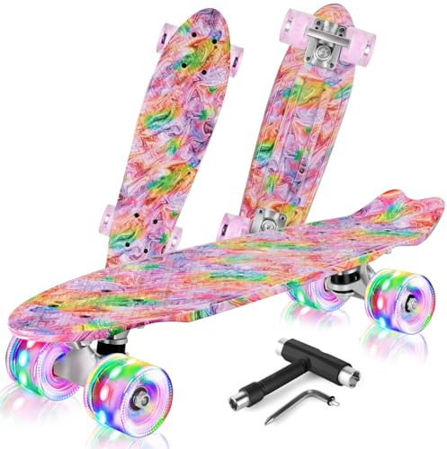 BELEEV Mini Cruiser LED Skateboard 22 Inch (56cm) per Bambini, Giovani e Adulti - Completo con Ruote e All-in-One Skate T-Tool per Principianti