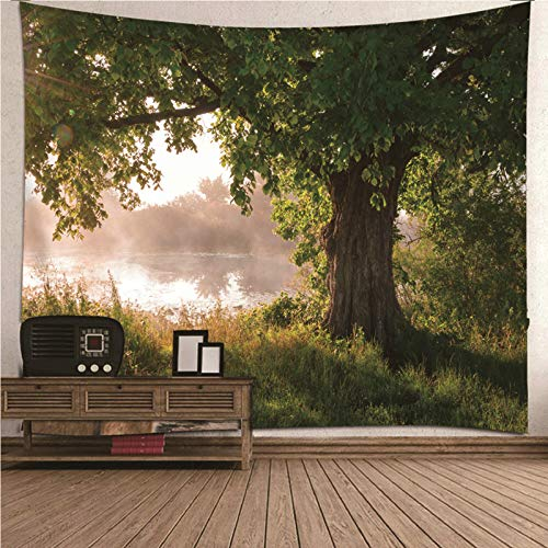 EHOMERY Wandteppich Spirituell Wanddekoration Orientalisch Grün Baum Und See Wandteppich Mädchen Teenager Natur Wandbehang Wandschmuck Groß Schlafzimmer Wohnzimmer Wanddekoration 350X256Cm