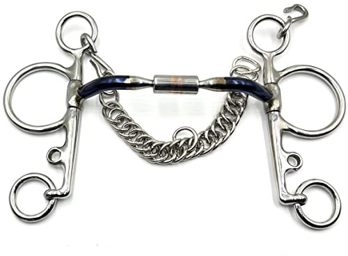 Copper Roller Ported Pelham Blue Sweet Iron Horse Bit Snaffle with Hook and Chain (6)