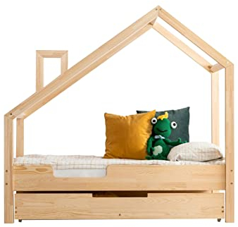 ahoj baby Hausbett mit Schublade für Kinder, Montessori-Hausbett, solides handgefertigtes Bett für Kleinkinder, Kinderbett, Bettrahmen, Cottage-Bett, Kleinkinderbett (90x160) (80x200)