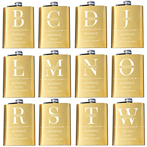 Set mit 12 Trauzeugen, Geschenke für Hochzeit, personalisierter Trauzeugen, personalisierbar, 237 ml, Edelstahl-Flachmann für Hochzeitsgeschenke, Trauzeugen-Geschenkset, Gold