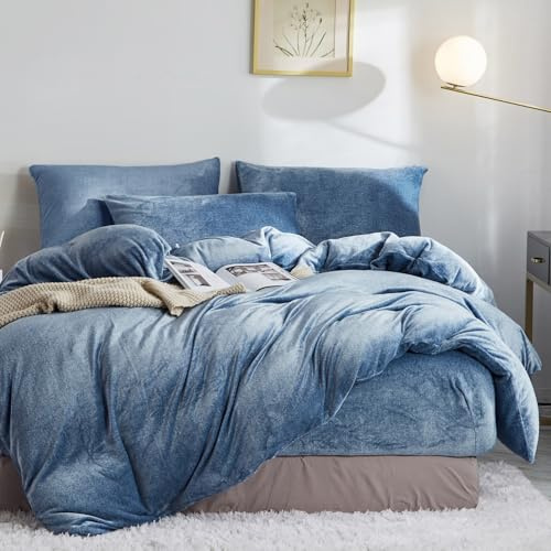 Luofanfei Flauschige Winter Bettwäsche 155x220 Extra Warme Kuschel Bettwäsche Blau Frottee Cashmere Touch Flauschige Bettwäsche-Sets Samt Winter Thermo Bettwäsche Uni Microfaser Winterbettwäsche Set