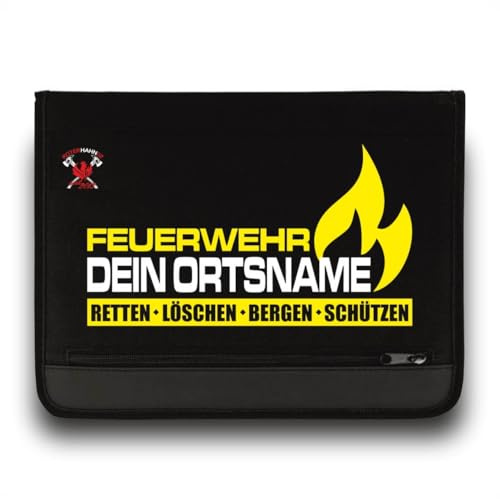 Feuerwehr Schreibmappe/FW Flamme +Ortsname/Neongelb-Weiss/Roter Hahn 112 / Einsatzorganizer auch für THW Rettungsdienst Notarzt