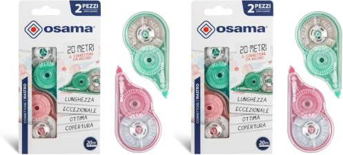 Osama - Correcteur Blanc à Ruban, 20 M, Kit 2 Pièces, Idéal comme Accessoire Bureau, Papeterie et Fourniture Scolaire - Effaceur pour Écrire sans Erreur avec Couverture Optimale Blanche, Longue Durée