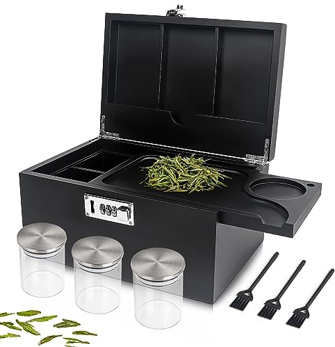 lotmusic Large Storage Box with Removable Slide-Out Tray,Bamboo Decorative Box with 3-Pack Glass Jars Cleaning Brushes,Home Decoration Black Storage Box with Combination Lock for Gifts