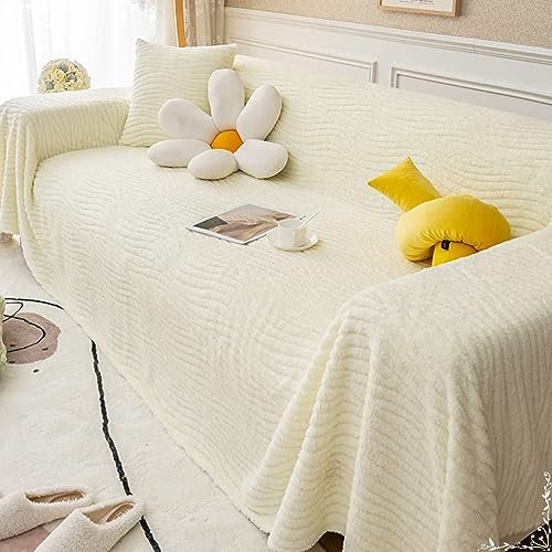 Homxi Sofa 3 Sitzer Überzug,180x340CM,Sofahusse Universel Einfarbig mit Streifenmuster Sofa Überwürfe Flanell Handtuch Sofa Weiß Sofa Überzug Universal