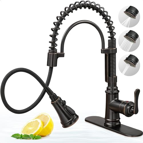 HOIGY 3 Modes Bronze Kitchen Faucet with Pull Down Sprayer, Single Hole Kitchen Sink Faucet 3 Hole, Stainless Steel High Arc Spring Style, 360 Degree Swivel with One Handle & Deck Plate for Farmhouse
