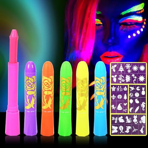 GLEEMEN UV Bodypainting, 6 Farben Neon UV Kinderschminke Set, Waschbar Schminkstifte Schminkfarben, Face Paint mit 4 Aufkleber, Körperfarbe Kinder UV Buntstifte für Halloween Karneval Fasching