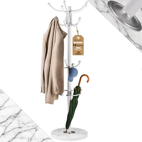 CASARIA® Perchero de Pie, Forma de Árbol, 14 Ganchos, Base Mármol, para Pasillo Recibidor Entrada, Colgador Chaquetas Sombreros Ropa Resistente Bolsos 175x37cm