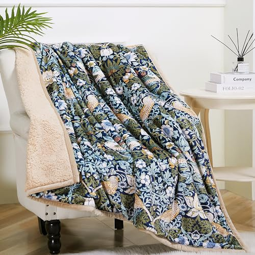 Obal William Morris Sherpa Fleece Blanket Fluffy Throw Blankets for Bed and Couch Soft Microfiber Throws (Strawberry Thief, Travel/Single 150x130)