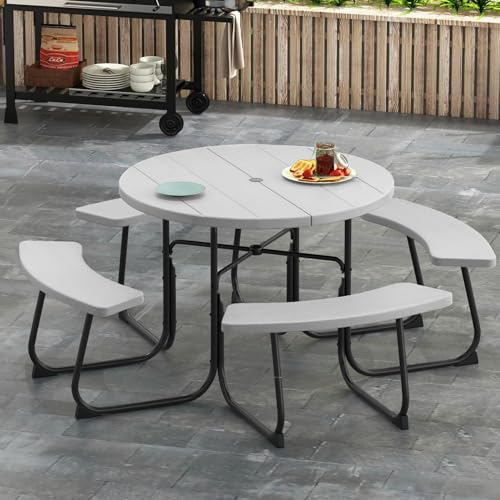 GIANTEX Gartenmöbel Picknicktisch Set 8 Personen, Bierzeltgarnitur Runder Gartentisch mit 4 Bänken, Biertisch mit Schirmloch, Garten Sitzgruppe wetterfest aus HDPE, Bierbankgarnitur Biertischgarnitur