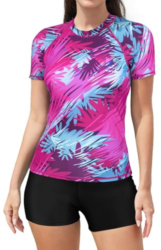 SHEKINI 2-Piece Rash Guard Swimsuits for Women UPF 50+ Short Sleeve Shirt | with Built in Bra, Boyleg Swim Shorts, Two Piece Swimming Costumes, Modest Swimwear Surf Suit
