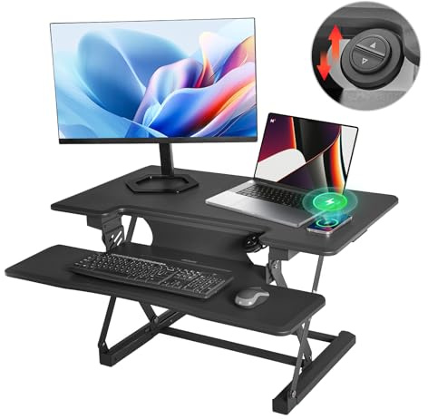 Redlife Elektrisch Höhenverstellbarer Schreibtisch, 91x52 cm Stehpult, Tisch Höhenverstellbar Laptop,Schreibtischaufsatz mit USB & Type-C Ladeanschluss & Kabellose Ladestation