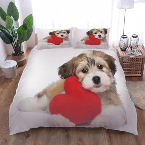 VACSAX Copripiumino Matrimoniale 250x200Cm Morbido Microfibra Parure 3D Cucciolo Dal Cuore Rosso +2 Federe 50x75Cm Con Cerniera, Stampa Bedding Adulti E Bambini, Set Di Biancheria Da Letto 3 Pezzi