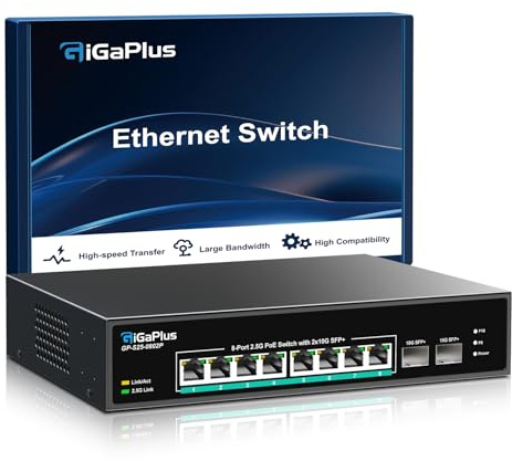 Commutateur PoE non géré 10 port 2.5G avec 8 port PoE 2.5G Base-T, 2 liaisons montantes SFP+ 10G, 802.3af/at (PoE+), capacité de commutation 80Gbps, commutateur PoE GigaPlus pour NAS/PC, routeur WiFi6