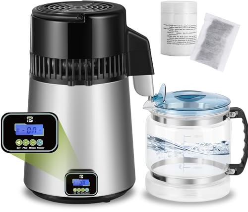 Spolehli Distillatore d'acqua in acciaio inox con caraffa di vetro, distillatore d'acqua digitale, distillatore d'acqua potabile, 1 l/h, distillatore d'acqua per produrre acqua