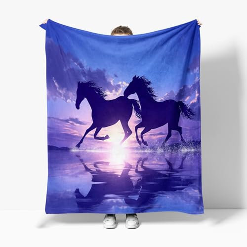Lila Sherpa Decke für Bett, Tier Pferd Wellen Kuscheldecke, Warme und Flauschige Decke, 180 x 200 cm Bedruckte Decke für Sofa Bett Wohnzimmer, Schlafzimmer, Reisen und Camping