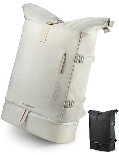 LYNDBERGEN Rolltop Rucksack Herren XL | LYØ – Tagesrucksack mit viel Platz (25-35L) | 17 Zoll Laptop Rucksack mit Schuhfach - wasserabweisend | Perfekt für Uni, Reisen, Arbeit & Sport (Beige)