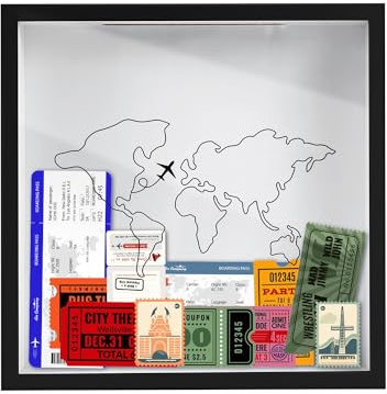 Caja de sombra de viaje, caja de archivo de aventura de 11.5 x 11.5 pulgadas con ranura con marco de madera, diseño de mapa, avión, soporte para boletos de viaje, recuerdo de viaje, caja de sombra de