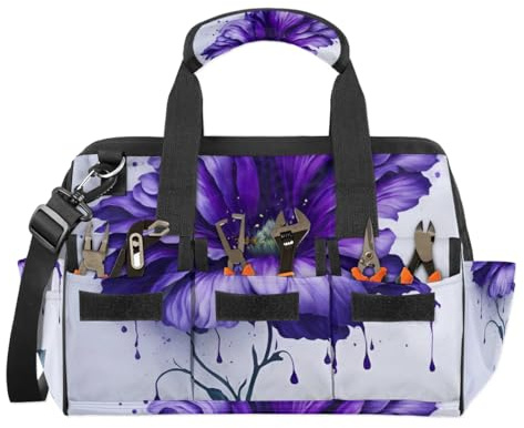 15 Inch Tool Bag 14-Pockets Tool Box Organizer for Men Big Floral Purple Tool Tote Bag Waterproof Toolbox with Shoulder Strap Heavy Duty Garden Tool Organizer for Mechanic