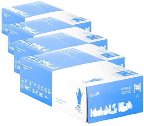 HANSKA 100 Guanti Monouso Nitrile Blu - Senza Polvere - Usa e Getta- Ambidestri - Non Sterili - Base di Gomma - Adatti per Ambiti Medici, Manipolazione degli Alimenti (M, 100) (Confezione da 4)