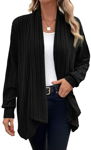 Chicrise Cardigan Donna Autunno Leggero Spolverino Manica Lunga Casuale Maglioncin Largo Orlo Volante Nero Grande 42-44 L