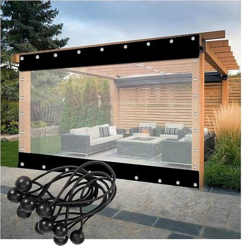 Paneles laterales impermeables para pérgola, cortinas de terraza de 0,5 mm con ojales, transparente y negro, 2,50 x 2,50 m, fundas de privacidad para exteriores para jardín y patio