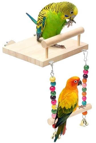 ZhouWei Trespolo per Pappagalli, Altalena Uccello in Legno Naturale Posatoi per Uccelli con Campana Giochi Posatoio per Pappagalli Giochi per Uccelli, per Piccolo Medi Calopsitte Parrocchetti