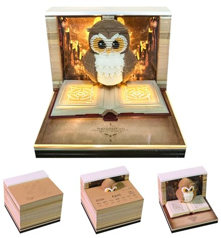 3D Notizblock, Kalender 2026 mit LED, 3D Kalender, 3D Notizblock Baum Wochenkalender Tagesabreißkalender, Tischkalender Schreibtisch Deko (Eule)