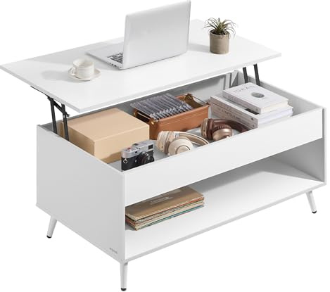 VASAGLE Table Basse, Table Basse Relevable, Vérin à Gaz, Compartiment sous Le Plateau, 1 Compartiment Ouvert, pour Salon, Bureau, Salle à Manger, Blanc Neige et Blanc Mat LCT267WE01