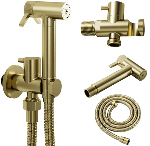 Pulverizador de Bidé de Mano para Inodoro Kit, Latón Rociador de Bidé Montado en Pared para Inodoro, Grifo Bidet con 1.5m Manguera, Bidé De Baño Para Baño De Mascotas, Oro Cepillado