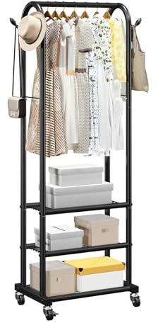 VEVOR Portant à vêtements avec roulettes, porte-manteau en acier carbone avec tringle de suspension, crochets latéraux et 3 étagères de rangement, charge de 45 kg, pour chambre, buanderie, salon