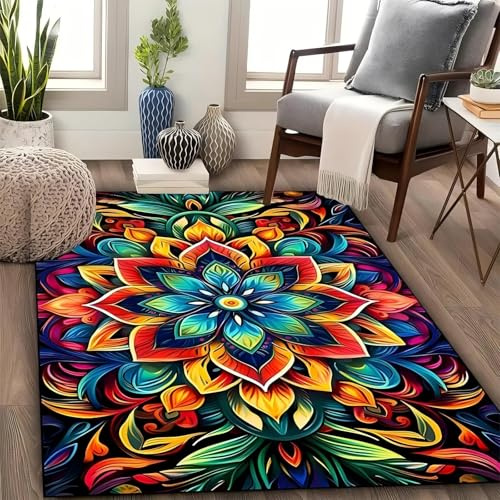 USHIRUG Bunter Blumenteppich, 70x140cm Abstraktes 3D-Mandala-Regenbogenmuster Weicher Strapazierfähiger und Pflegeleichter Teppich im Böhmischen Stil für Wohnzimmer, Schlafzimmer