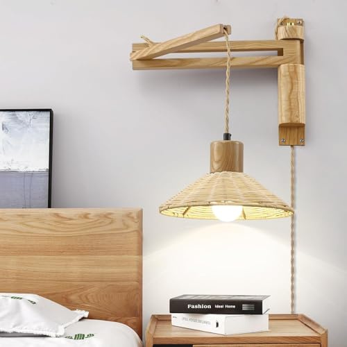 OOWOKS Holz Wandleuchte Schwenkarm mit Schalter und Stecker Verstellbarem Arm Wandlampe mit Kabel Stecker Klappbarem Teleskop Nachttischlampe Vintage Innen Langen Arm Leselampe E27 für Schlafzimmer,B