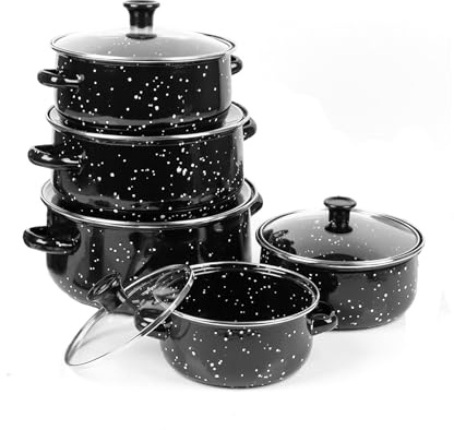 5pcs Enamelware Pot Set with Lid,Non-Stick Soup Pots with Double Handles,16-18-20-22-24Cm Kitchen Cookware Induction Compatible Kitchen Stockpot Set for Stew,Noodles,and Daily Use | Non-stick black enamelware stew pots for kitchen cooking, camping or daily use. Compatible with induction cooktops.