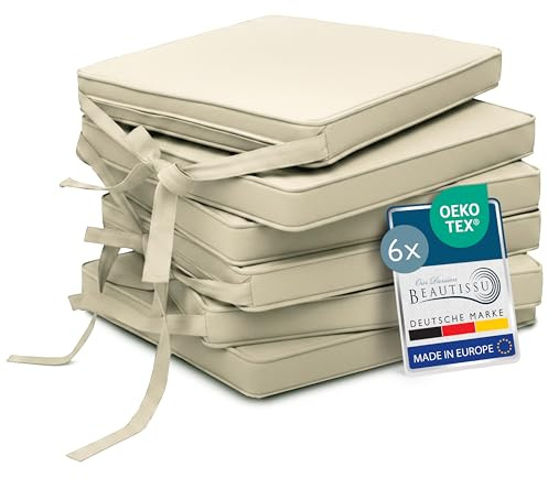 Beautissu 6er Set Stuhlkissen mit Bändern rutschfest Sitzkissen für Stühle | 45x40cm Natur Stuhlpolster Sitzpolster mit Befestigungsbändern Sitzauflage Polsterauflage Esszimmerstuhl Kissen Loft SK