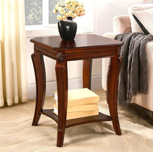 Quadratischer End Beistelltisch mit Stauraumregal,Massivholz-Sofa-Beistelltische mit geschnitzten Beinen,Bauernhaus-Wohnzimmer-Eck-Tisch, Telefontisch, Einfache Montage,Kirschbraun CJZ-A1168-WD