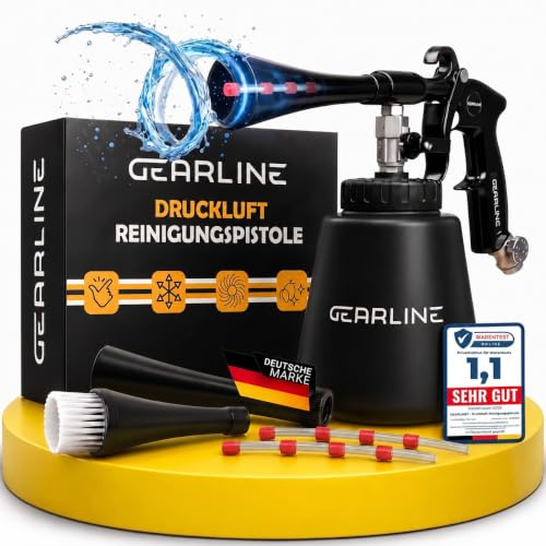 GEARLINE® Druckluft Reinigungspistole [mit Wirbelstrahl-Technik] - effektive Luftdruckpistole für Autoreinigung & mehr - All-in-One-Set mit Druckluftpistole, 1L Wassertank & 2 Düsen-Aufsätzen