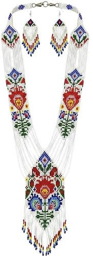 LKBEADS Collier ukrainien Gerdan avec médaillon rose folklorique et boucles d'oreilles assorties, perles de rocaille, bijoux traditionnels multicolores faits main, bijoux ukrainiens |LK_UKRN_0750