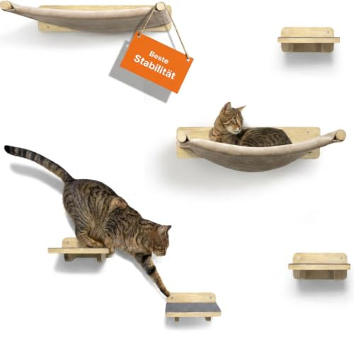 WOOWOOD Katzen Kletterwand 6-teilig, 2 Hängematten, 4 Katzentreppen | Wandmontage ohne Bodenfläche, erhöhter Rückzugsort, modular erweiterbar, Naturholz, für den Innenbereich