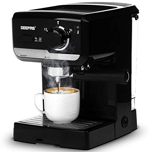 GEEPAS 1140W Espresso Machine Barista Coffee Maker with 15 Bar Pump & Milk Frother Ideal for Home Kitchen Cappuccino Reusable Stainless Steel Filter Removable 1.25L Water Tank GCM41506UK Silver
