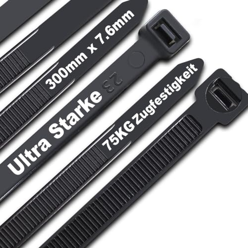 Kabelbinder Schwarz 300 mm x 7,6 mm, UV-Beständig ultra stark Kabelbinder mit 75 kg Zugfestigkeit, 100 Stück