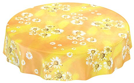 ANRO Wachstuchtischdecke Wachstuch Wachstischdecke Tischdecke Kamille Gelb Blumen Sonne Rund 140cm abwaschbar