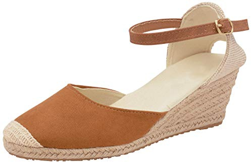 Lora Dora Sandalias de Cuña de Hessian para Mujer con Espuma de Memoria, Tacón Medio, Moda de Alpargatas, Correa de Tobillo, Zapatos de Verano, Marrón Claro, 37 EU